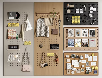 Practical Pegboard Wall Decor with Hanging Bags Photos and Storage Accessories 3d model