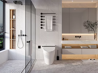Modern Bathroom Interior With Open Shower Smart Toilet Marble Countertop Mirror Cabinet And Light Strip 3d model