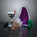 Crystal Skull With Silver Chalice Purple Geode Green And Black Crystals