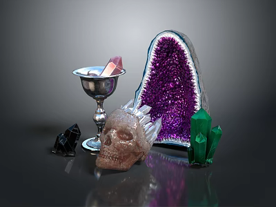 Crystal Skull With Silver Chalice Purple Geode Green And Black Crystals 3d model