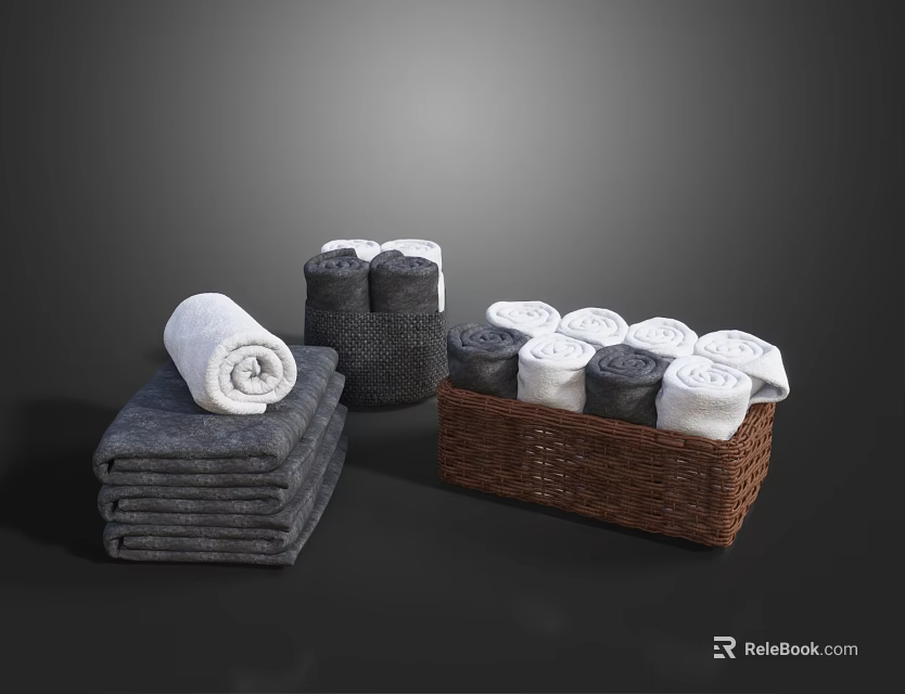 Soft Gray And White Bath Towel Collection Stacked And Rolled In Wicker Basket 3d model 