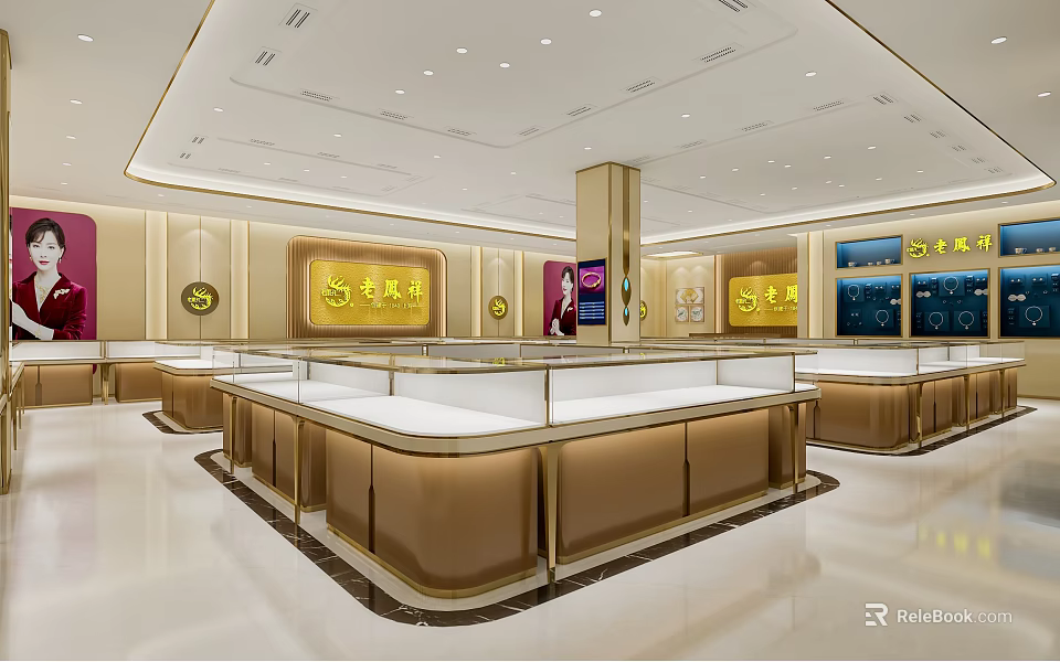 Modern Jewelry Store Interior Design With Glass Display Cases Golden Counters And Bright Lighting 3d model 