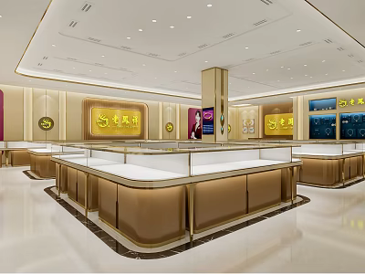 Modern Jewelry Store Interior Design With Glass Display Cases Golden Counters And Bright Lighting 3d model