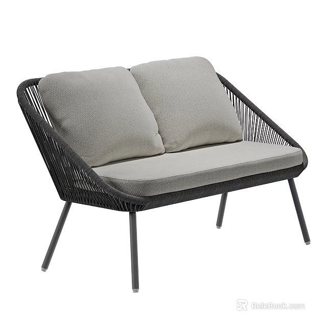 Stylish Two Seater Sofa With Black Rattan Frame Gray Cushions And Metal Legs 3d model 