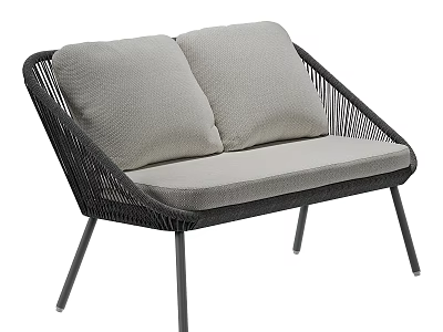 Stylish Two Seater Sofa With Black Rattan Frame Gray Cushions And Metal Legs 3d model