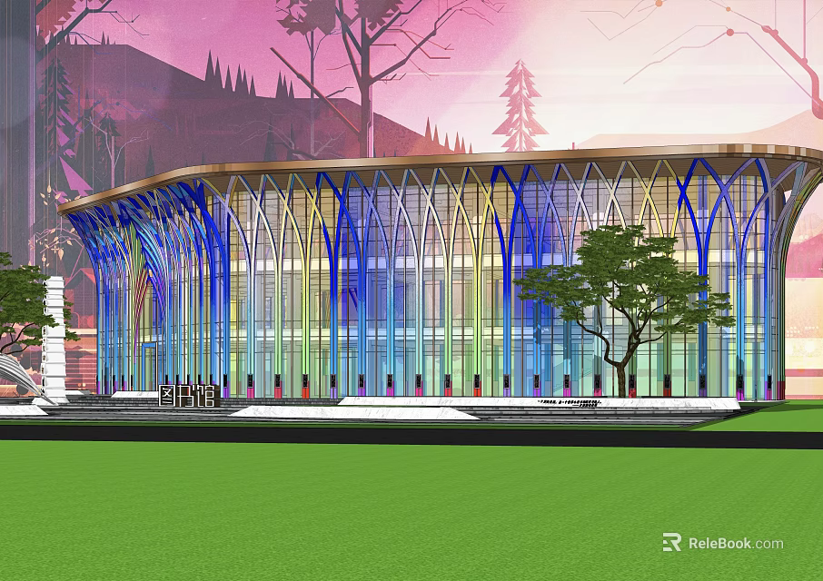 Modern Library Building With Colorful Glass Curved Structure And Green Lawn Trees 3d model 