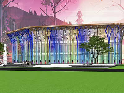 Modern Library Building With Colorful Glass Curved Structure And Green Lawn Trees 3d model