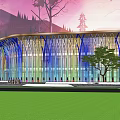 Modern Library Building With Colorful Glass Curved Structure And Green Lawn Trees