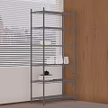 Sturdy Metal Shelving Unit with Multiple Tiers Beside Wooden Cabinets Near Window Blinds
