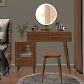 Wooden Dressing Table With Round Mirror Drawers Matching Stool Cosmetics And Vase With Flowers