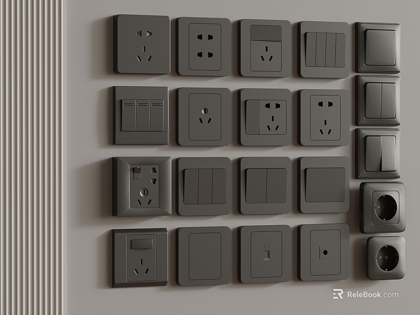 Gray Switch Panels With Various Types Of Switches And Sockets Mounted On Wall 3d model 