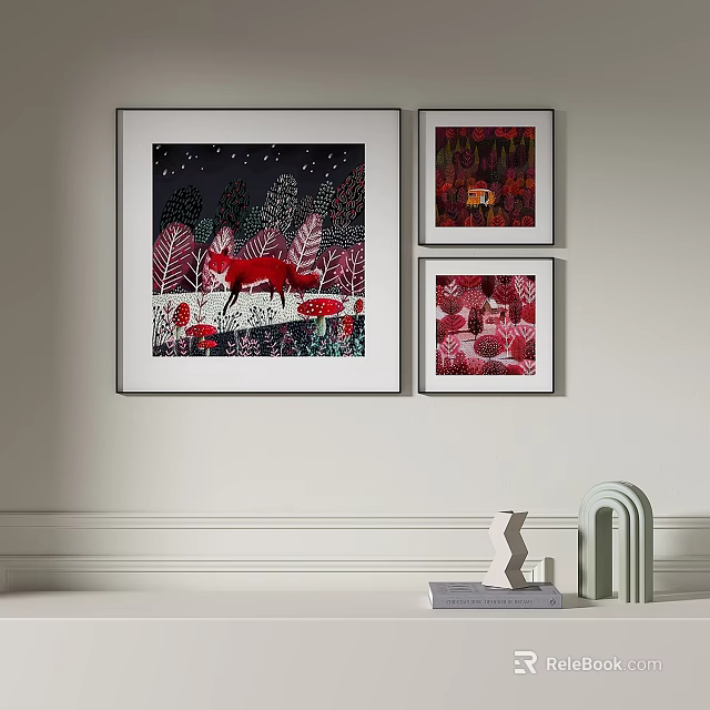 Wall Art Featuring Red Fox Trees and Red Flowers with Decorative Shelf Items 3d model 