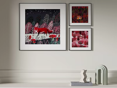 Wall Art Featuring Red Fox Trees and Red Flowers with Decorative Shelf Items 3d model