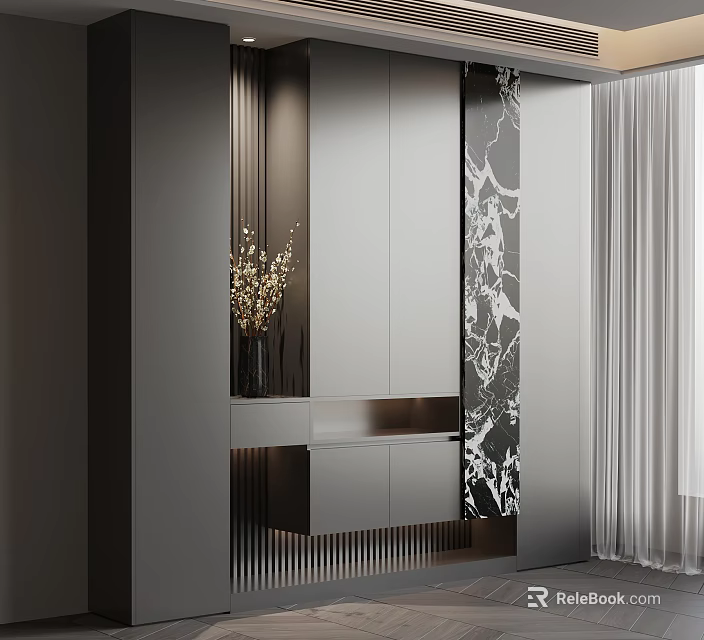 Modern Shoe Cabinet Design With Mirror Panels Decorative Pattern And Vase Flowers 3d model 