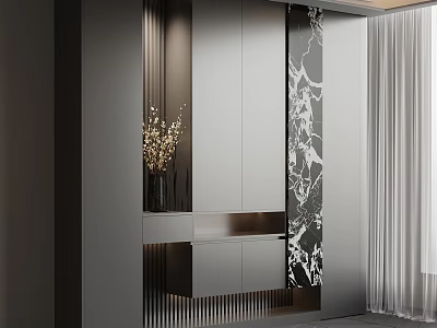 Modern Shoe Cabinet Design With Mirror Panels Decorative Pattern And Vase Flowers 3d model