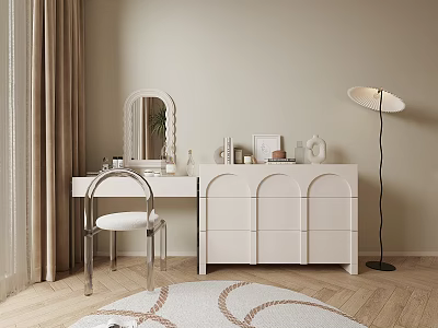 Modern Minimalist Dressing Table With Transparent Chair Oval Mirror Decorative Items And Floor Lamp 3d model