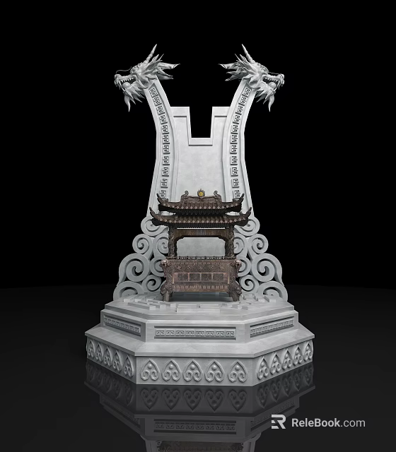 Traditional Ornamental Decorative Set with Dragon Motifs and Pagoda Structure on Intricate Carved Base 3d model 