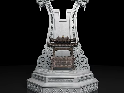 Traditional Ornamental Decorative Set with Dragon Motifs and Pagoda Structure on Intricate Carved Base 3d model
