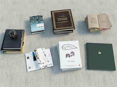 Various Colored Books Open Notebooks And Stacked Journals On Table Surface 3d model