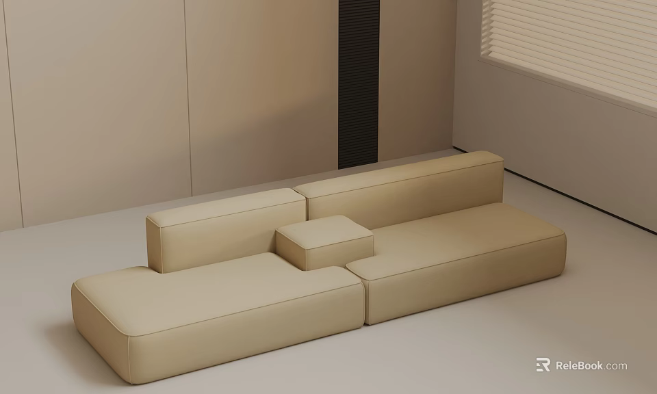 Beige Minimalist Three Seater Sofa With Modular Design In Modern Living Room 3d model 