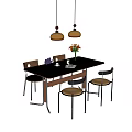 Stylish Dining Table Set With Black Top Brown Black Chairs And Yellow Pendant Lights