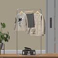Entryway Hallway Interior Design with Clothes Rack Hanging Coats Skirt Hat Green Plant Wooden Floor