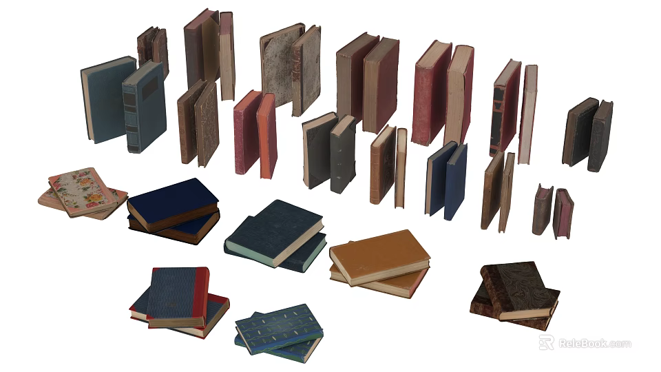 Various Books Stacked And Standing In Different Colors And Sizes 3d model