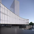 Modern Sales Office Building With Curved Glass Facade Green Roof And Landscaped Trees