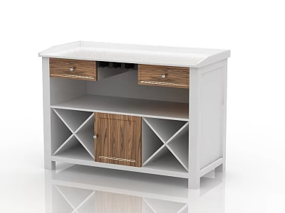 Modern White Sideboard with Wooden Drawers Wine Rack Compartments and Countertop 3d model
