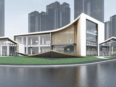 Modern Sales Office Building With Glass Facade Wooden Strips Green Lawn And Waterfront 3d model