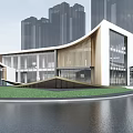 Modern Sales Office Building With Glass Facade Wooden Strips Green Lawn And Waterfront