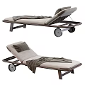 Modern Lounge Chair With Beige Cushion Dark Wooden Frame Gray Blanket Pillow And Wheels