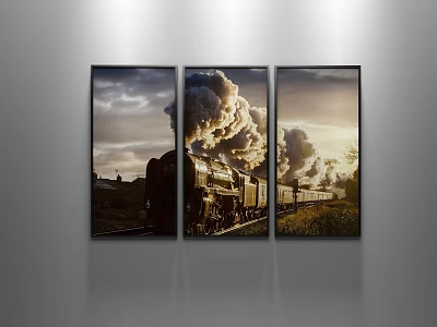 Vintage Steam Train Triptych Wall Art With Sunset And Railway Tracks 3d model
