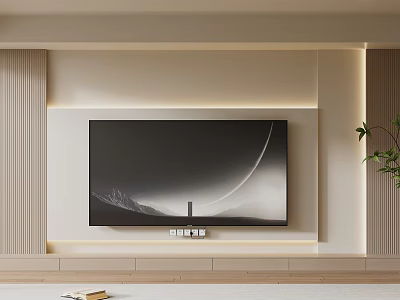 Modern Minimalist TV Wall Design With Flat Screen TV LED Strip Lights And Wooden Panels 3d model