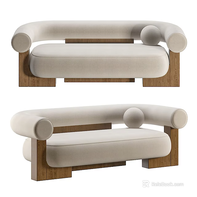 Modern Multi Seat Sofa With Beige Upholstery Rounded Armrests And Wooden Legs 3d model 
