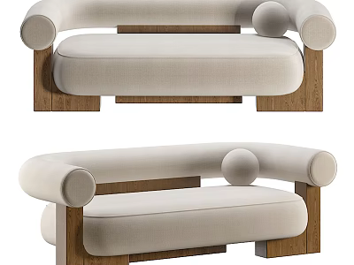 Modern Multi Seat Sofa With Beige Upholstery Rounded Armrests And Wooden Legs 3d model