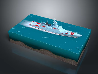Warship Sailing On Sea Surface With Ocean Floor View 3d model