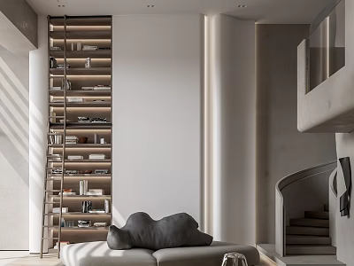Modern Duplex Living Room With Floor To Ceiling Bookshelf Grey Sofa Fireplace And Stairs 3d model