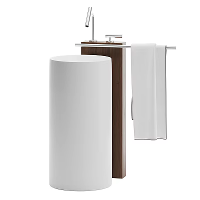 Modern White Pedestal Washbasin With Wooden Stand Chrome Faucet And Towel 3d model