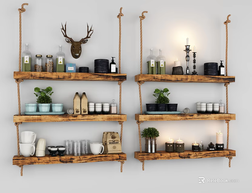 Rustic Wooden Wall Mounted Shelves With Decorative Bottles Plants And Deer Head 3d model 