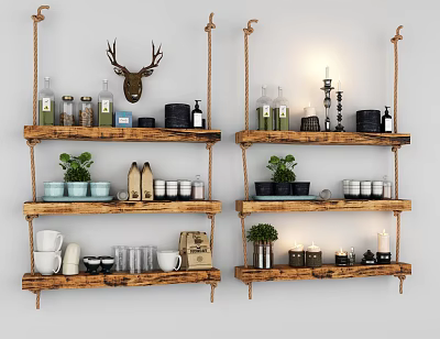 Rustic Wooden Wall Mounted Shelves With Decorative Bottles Plants And Deer Head 3d model