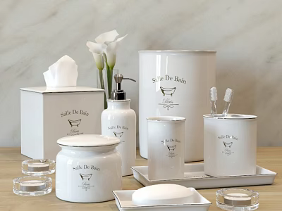 White Bathroom Accessories Safe to the Baby Design Tissue Box Soap Dispenser on Marble Countertop 3d model