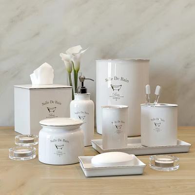 White Bathroom Accessories Safe to the Baby Design Tissue Box Soap Dispenser on Marble Countertop 3d model