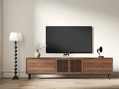 Modern Wooden TV Stand With TV Floor Lamp Vase And Record Player 3d model