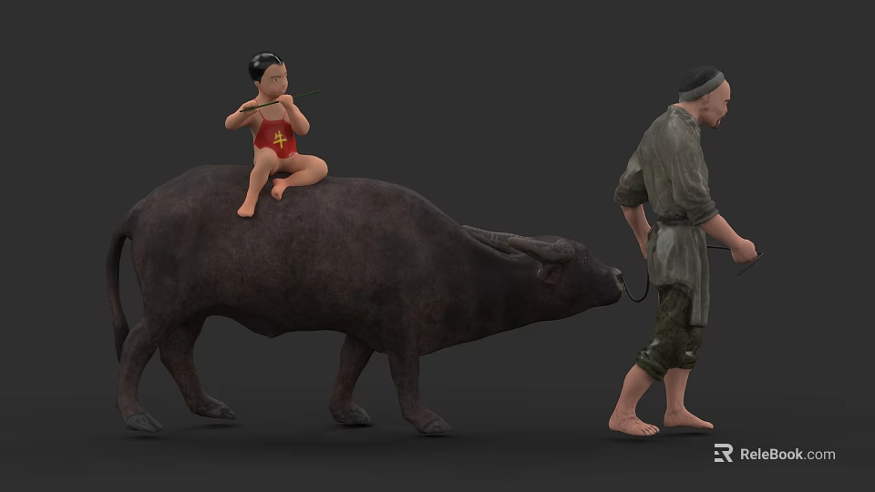 Oil Painting of Child in Red Outfit Riding Water Buffalo with Man in Traditional Clothing 3d model 