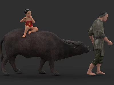 Oil Painting of Child in Red Outfit Riding Water Buffalo with Man in Traditional Clothing 3d model