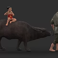 Oil Painting of Child in Red Outfit Riding Water Buffalo with Man in Traditional Clothing
