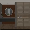 Modern Bathroom Vanity With Round Mirror Wall Sconces Wooden Floor Grid Cabinets And Green Plant Decor