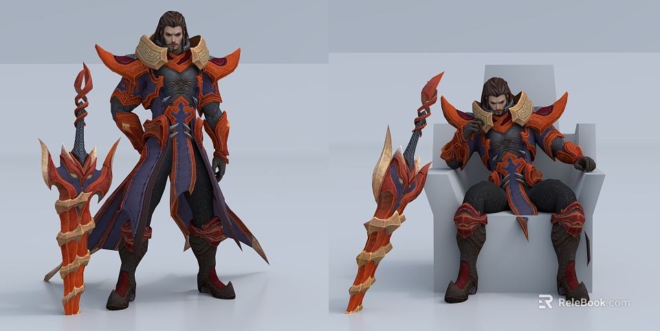 Fantasy Game Character In Red Purple Armor With Ornate Cloak And Decorative Sword 3d model 