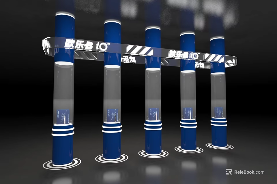 Modern Display Shelves with Blue Pillars Transparent Cases and White Circular Bases 3d model 